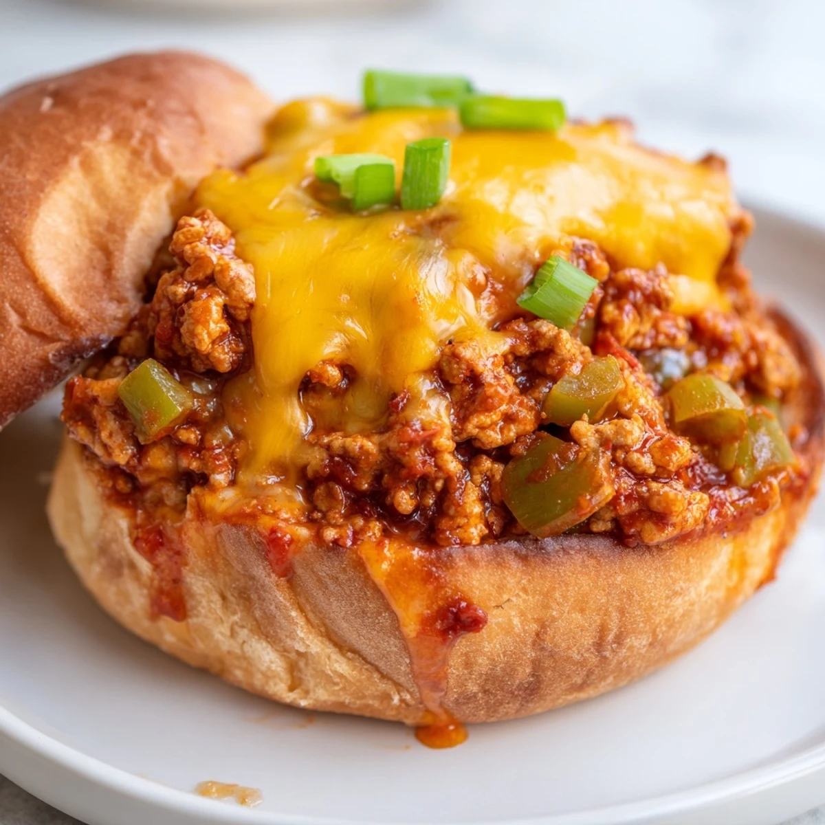 Spicy Cajun chicken sloppy joes topped with rich melted cheddar sauce on toasted brioche buns