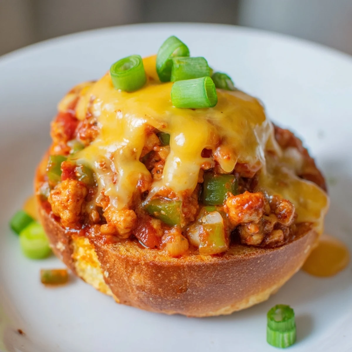 Cajun chicken sloppy joes with golden cheese sauce drizzled over seasoned ground chicken on soft hamburger buns