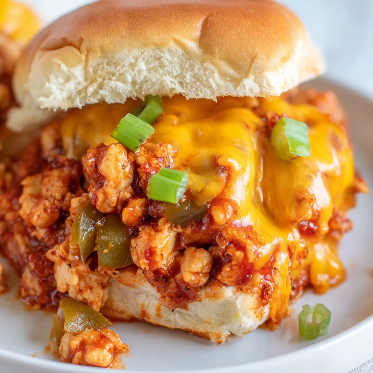 Hearty Cajun chicken sloppy joes smothered in creamy homemade cheese sauce and garnished with fresh green onions