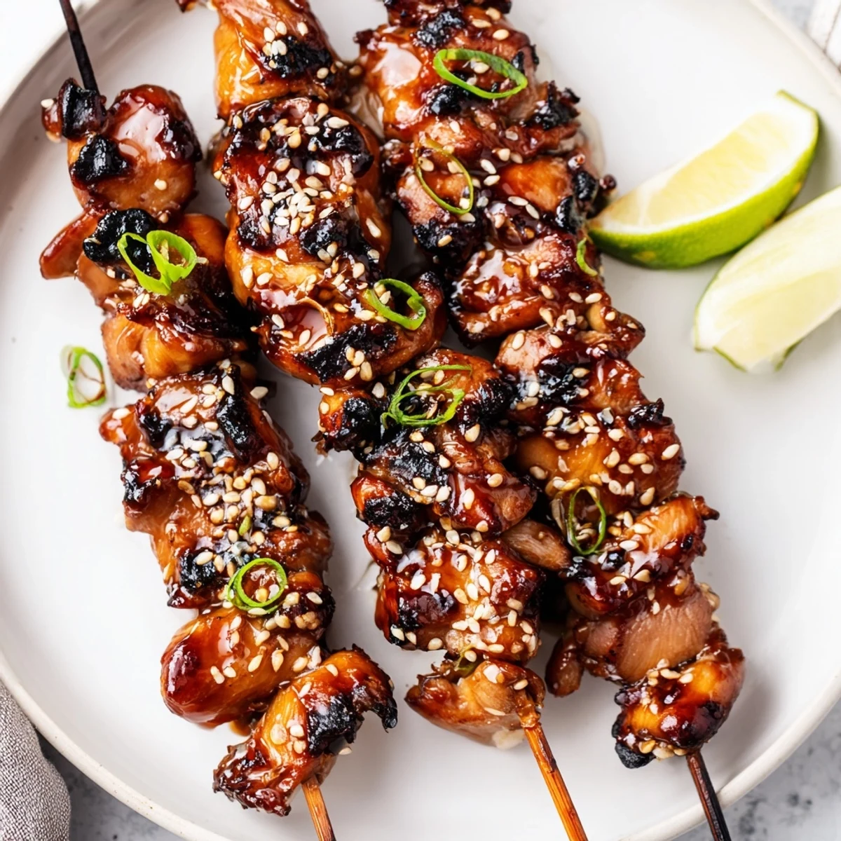 Charred, sticky glaze on Grilled Asian Chicken Skewers With Honey Garlic Sauce