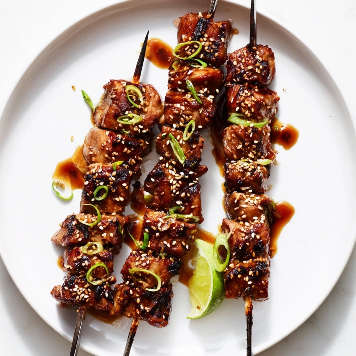 Juicy Grilled Asian Chicken Skewers With Honey Garlic Sauce served with lime wedges
