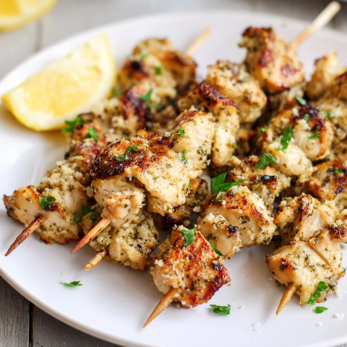 Savory Garlic Parmesan Chicken Skewers sizzling on grill, sprinkled with fresh parsley.