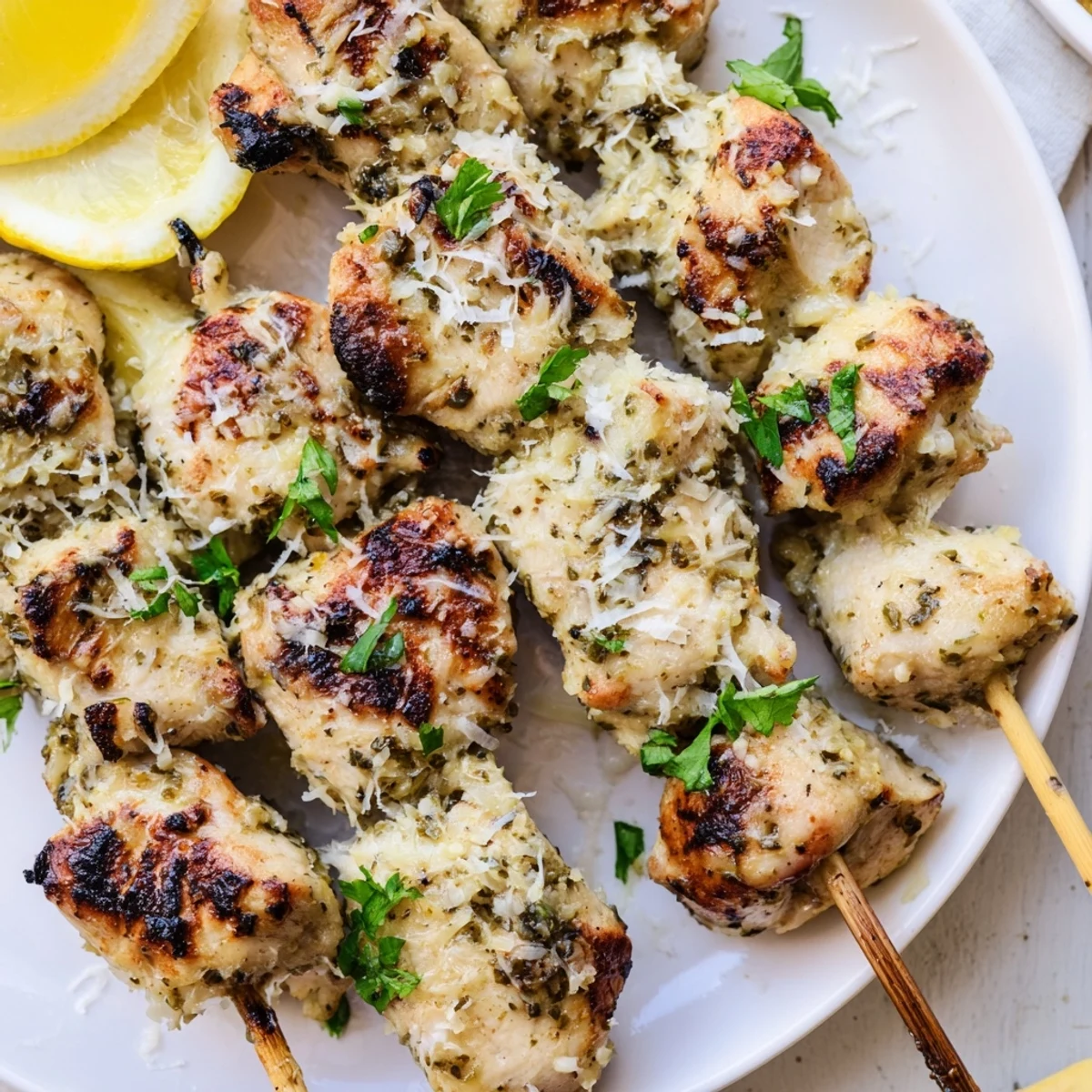 Grilled Savory Garlic Parmesan Chicken Skewers, golden-charred edges, lemon wedge garnish.