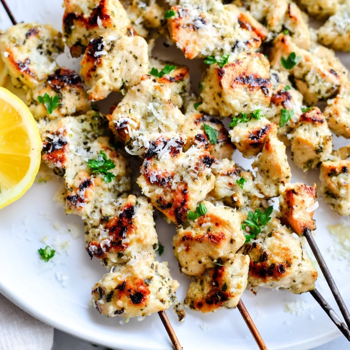 Charred, aromatic bites threaded on skewers, Savory Garlic Parmesan Chicken Skewers.
