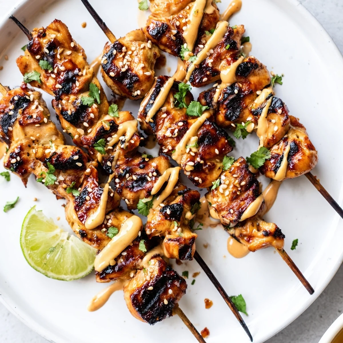 Grilled Bang Bang Chicken Skewers sizzling with charred edges, creamy spicy sauce drizzle.