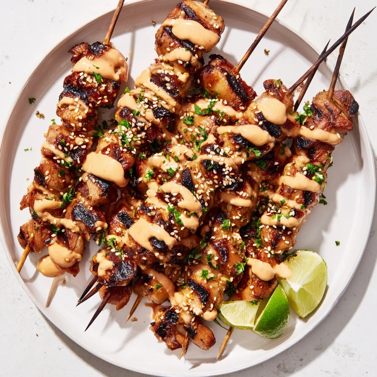 Cilantro-topped skewers with sesame and lime, Grilled Bang Bang Chicken Skewers ready.