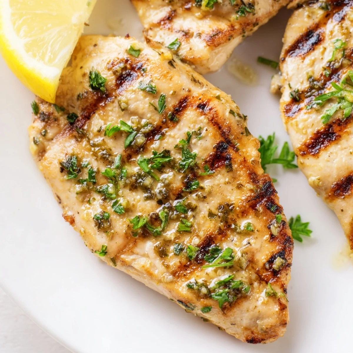 Golden brown grilled chicken breasts with char marks and fresh parsley garnish on a white plate