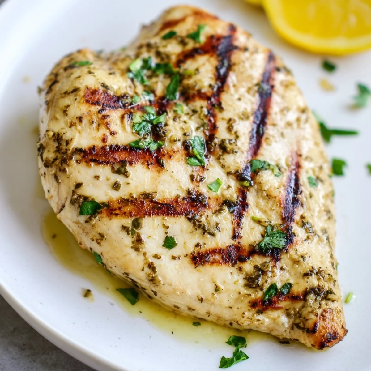 Tender marinated grilled chicken resting on a platter with lemon wedges and herb specks