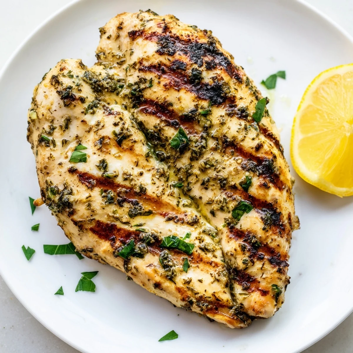 Juicy herb-marinated grilled chicken pieces displaying perfect grill lines and lightly seasoned surface