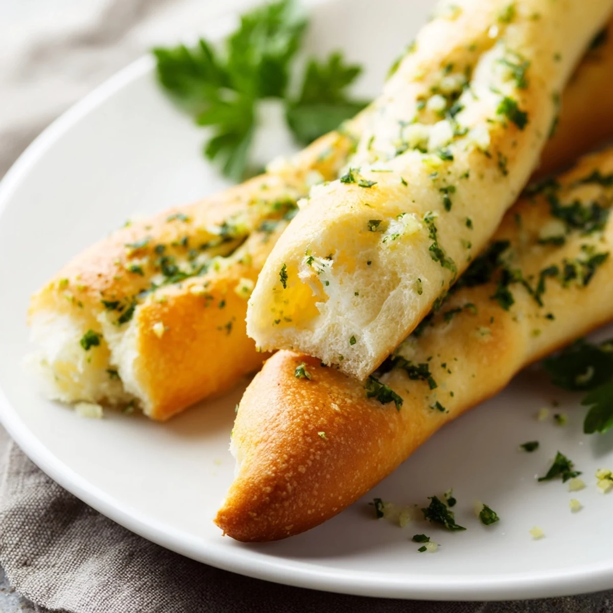Soft Italian breadsticks baked to golden perfection topped with savory garlic and parsley