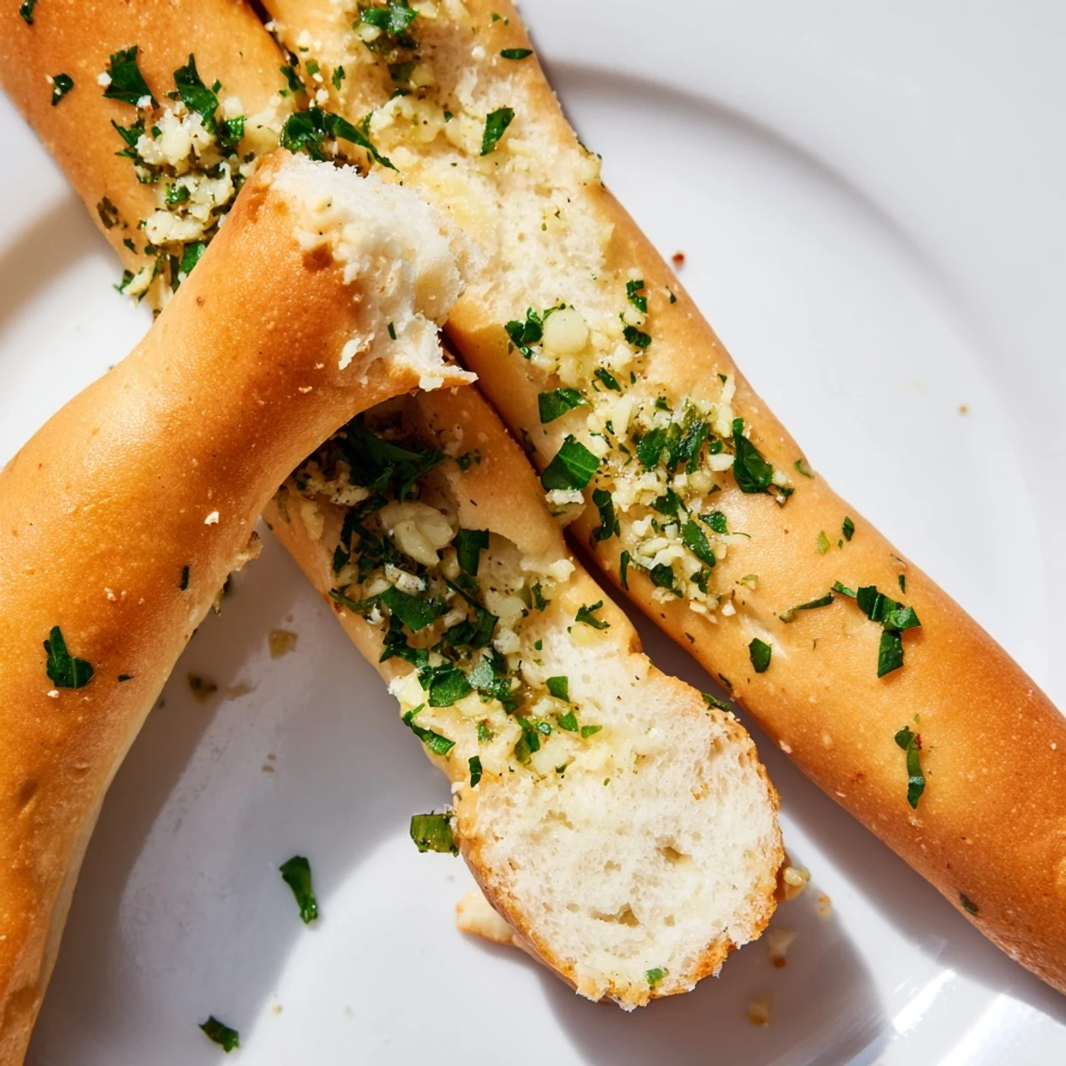 Warm fluffy garlic breadsticks arranged on serving plate ready for dipping into marinara sauce