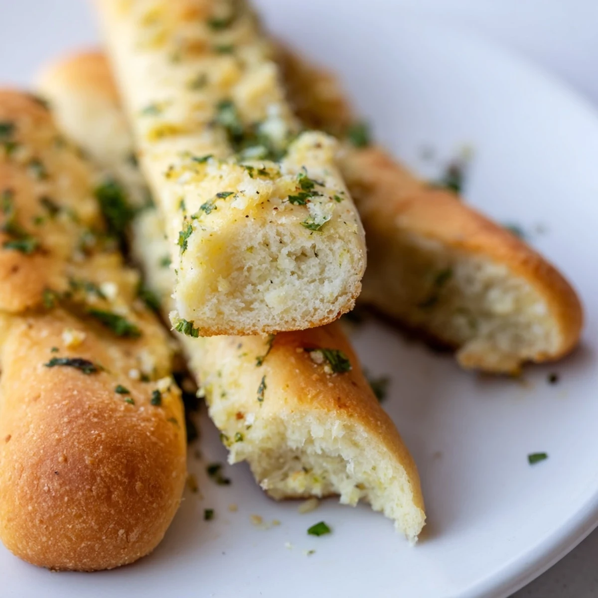 Golden homemade garlic breadsticks fresh from the oven brushed with melted herb butter