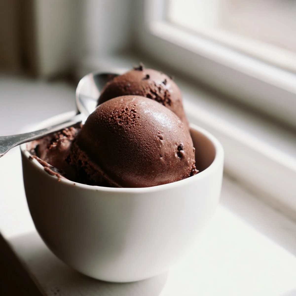 Creamy chocolate sourdough ice cream scooped into a bowl with melted chocolate drizzling down the sides