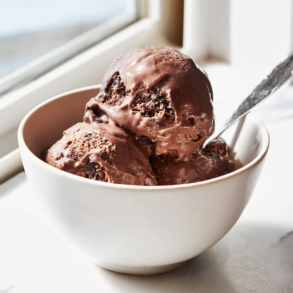 Rich dark chocolate sourdough ice cream swirled in a vintage glass dish topped with fresh raspberries and sea salt
