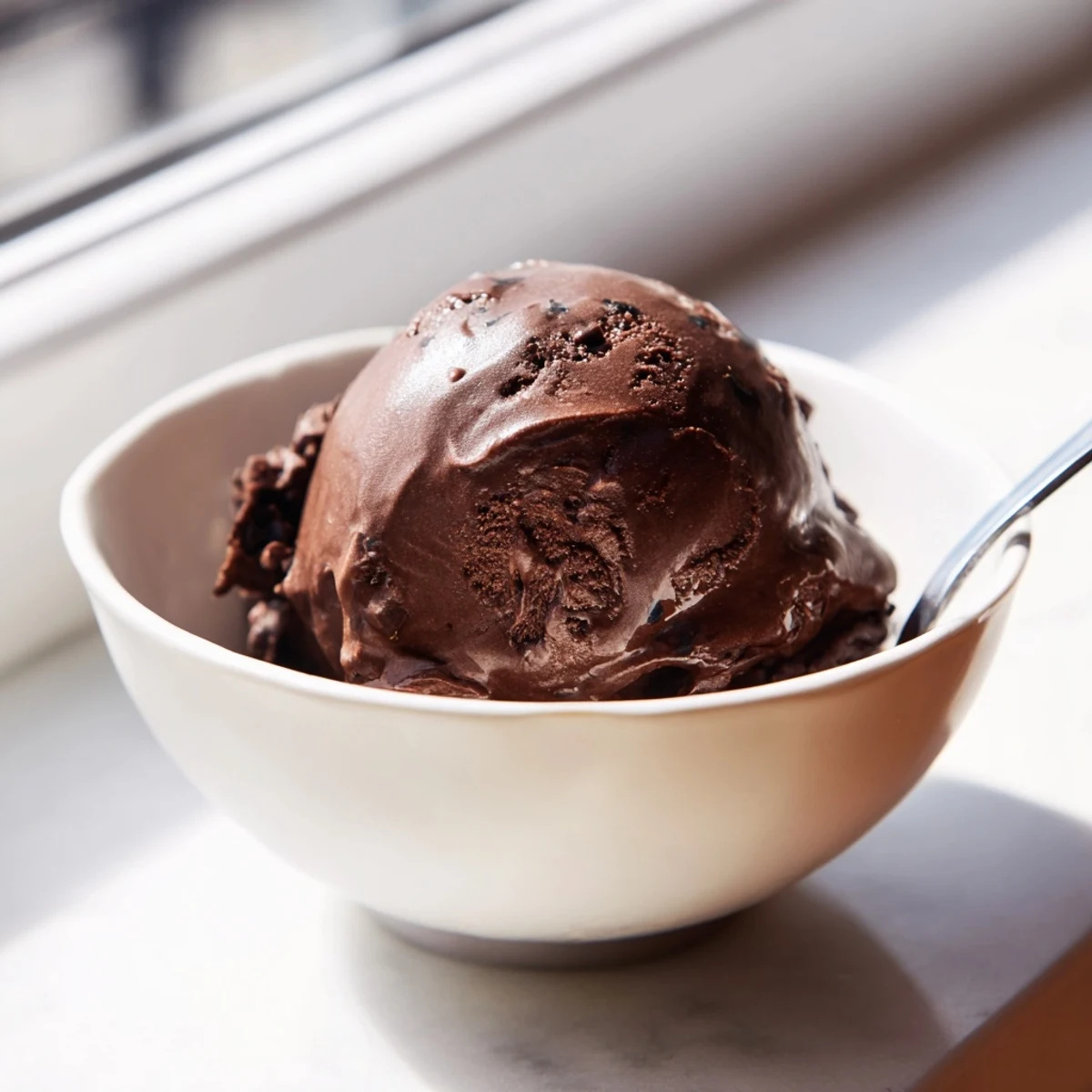 Velvety chocolate sourdough ice cream with tangy sourdough starter, garnished with shaved dark chocolate and mint sprig