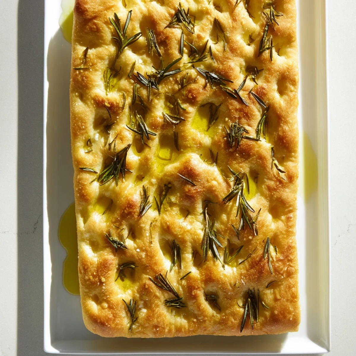 Golden brown homemade focaccia with rosemary and sea salt dimples on rustic wooden board