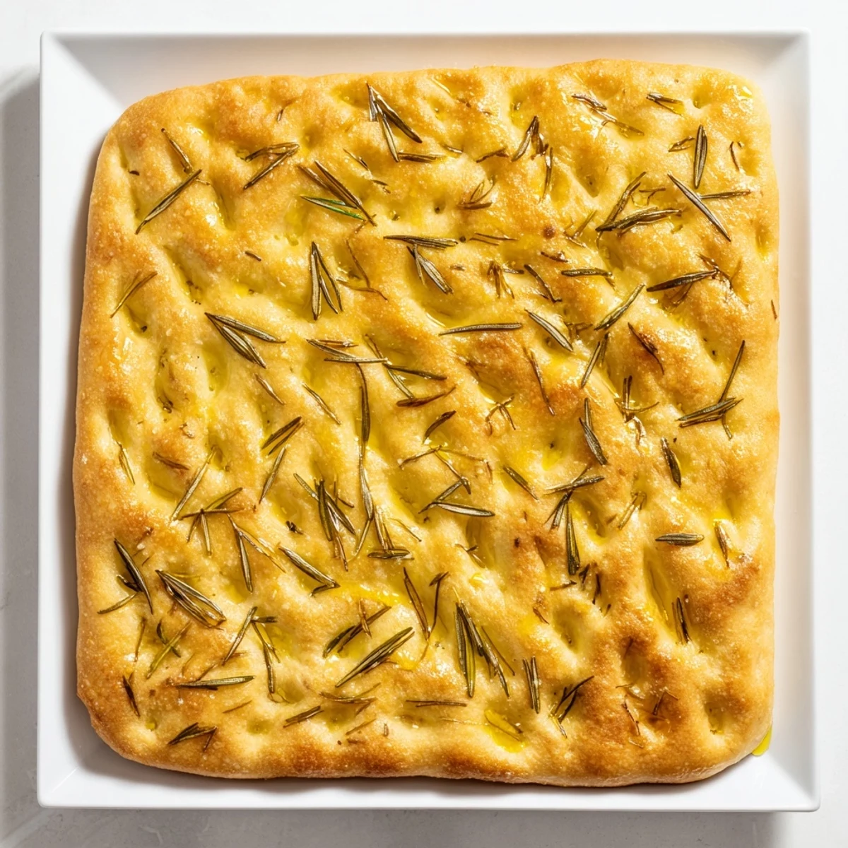 Crispy focaccia flatbread topped with flaky sea salt and rosemary sprigs on white plate