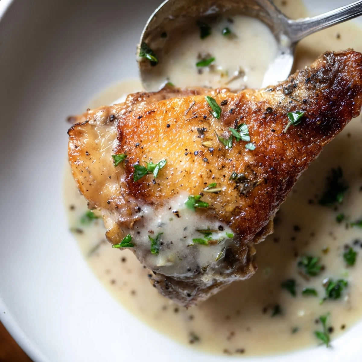 Creamy Garlic Chicken Thighs With Herbs simmering in silky cream sauce, parsley garnish