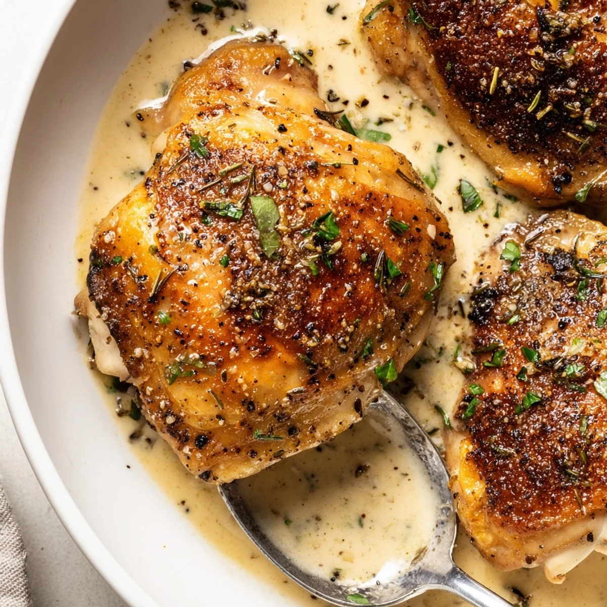 Skillet Creamy Garlic Chicken Thighs With Herbs over mashed potatoes, golden seared skin