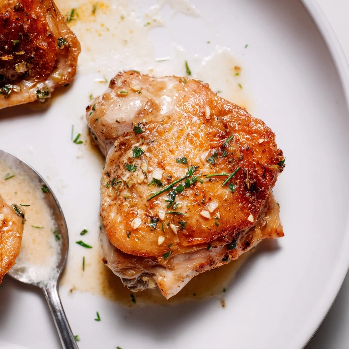 Pan-roasted Creamy Garlic Chicken Thighs With Herbs, fragrant garlic and rosemary aroma