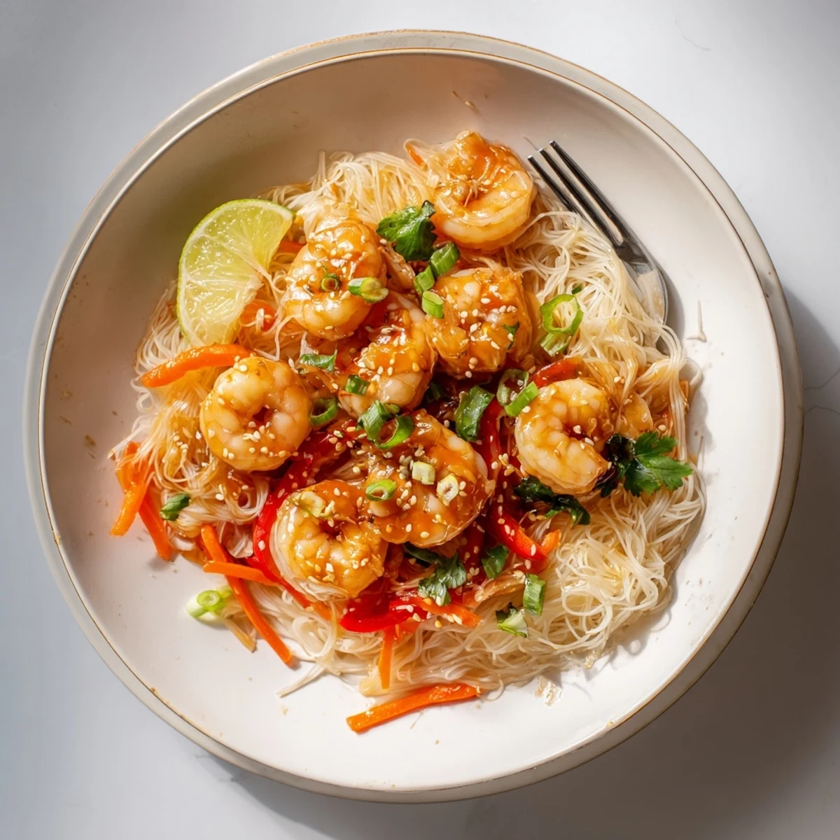 Steaming Spicy Garlic Shrimp Noodles Recipe plated with fragrant cilantro and crunchy peppers