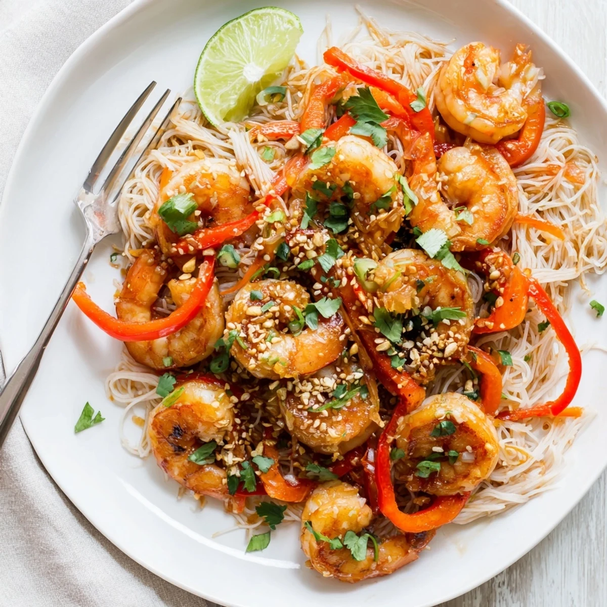 Warm Spicy Garlic Shrimp Noodles Recipe served with lime wedges and cilantro