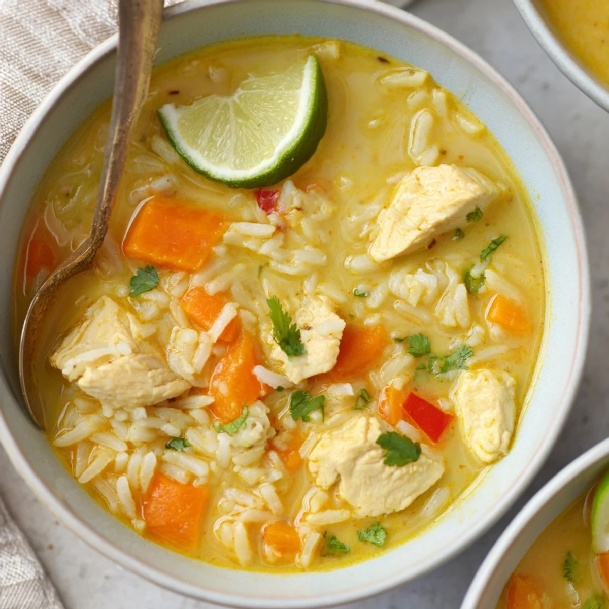 Spoonful of Golden Coconut Chicken Rice Soup with lime, cilantro garnish  