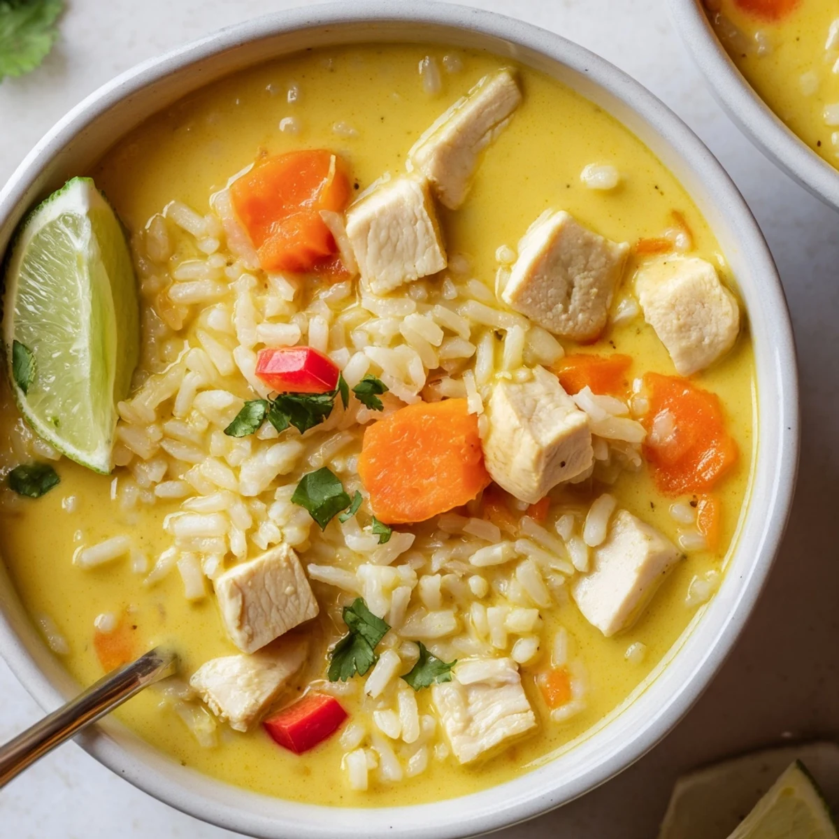 Golden Coconut Chicken Rice Soup steaming in a bowl, creamy turmeric aroma  