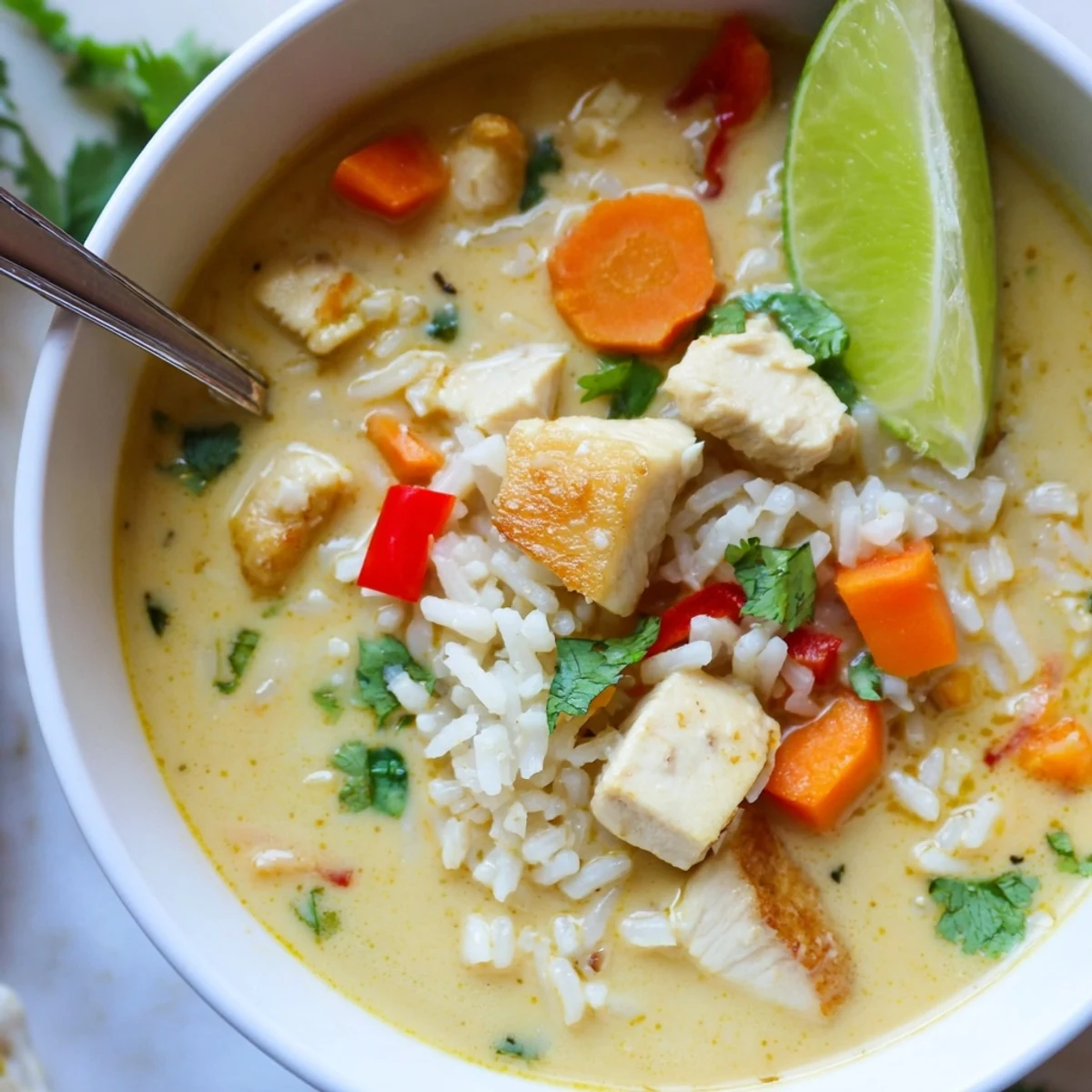 Golden Coconut Chicken Rice Soup ladled from Dutch oven, fragrant ginger and turmeric