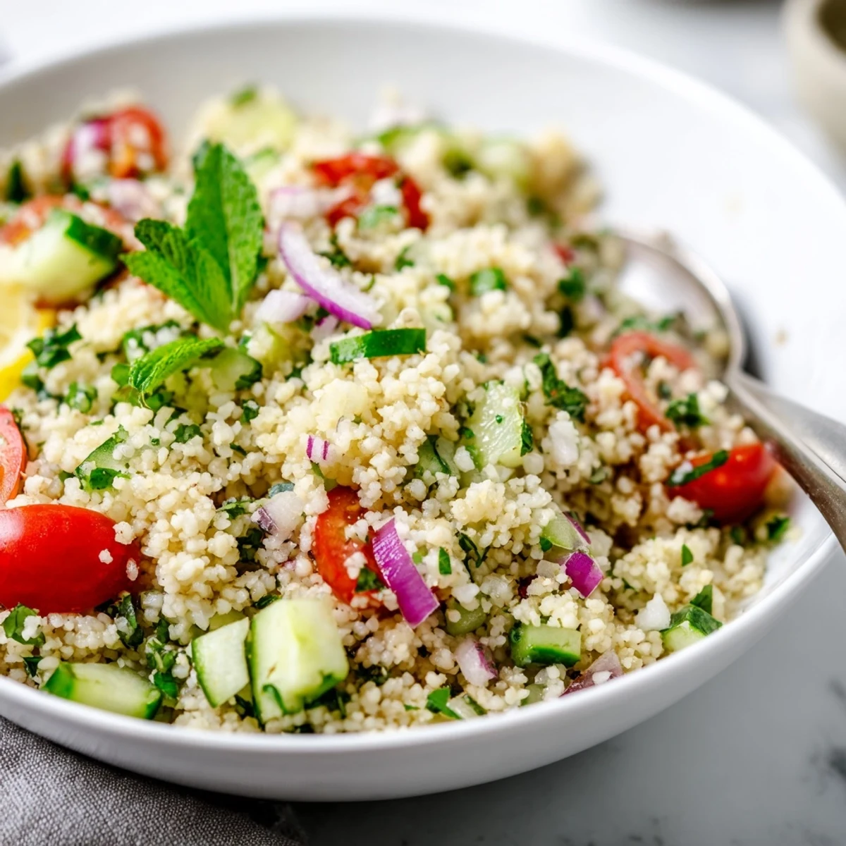 Cucumber Lemon Couscous Salad with fluffy grains, crisp cucumber, bright lemon zest