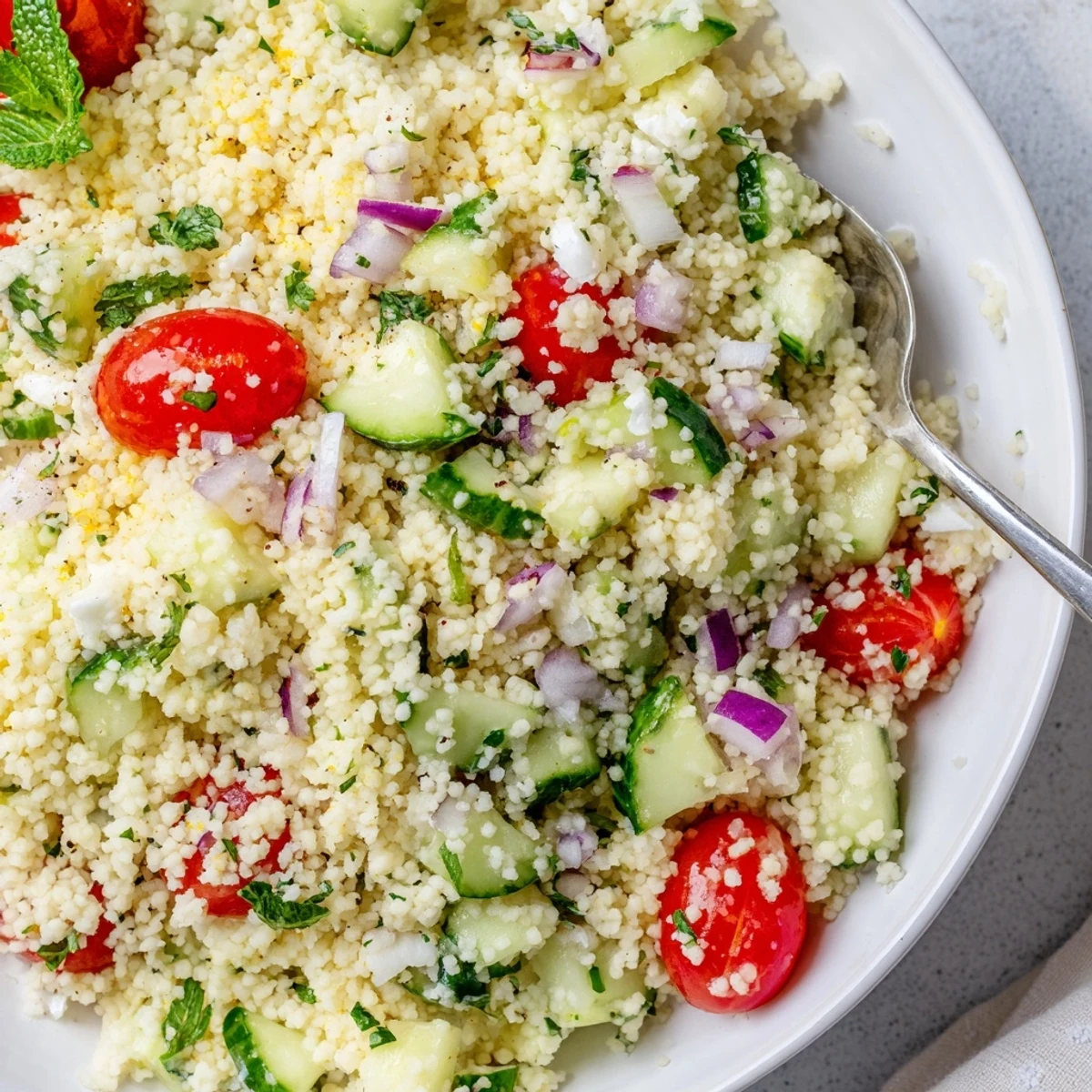 Chilled Cucumber Lemon Couscous Salad tossed with mint, parsley, and olive oil