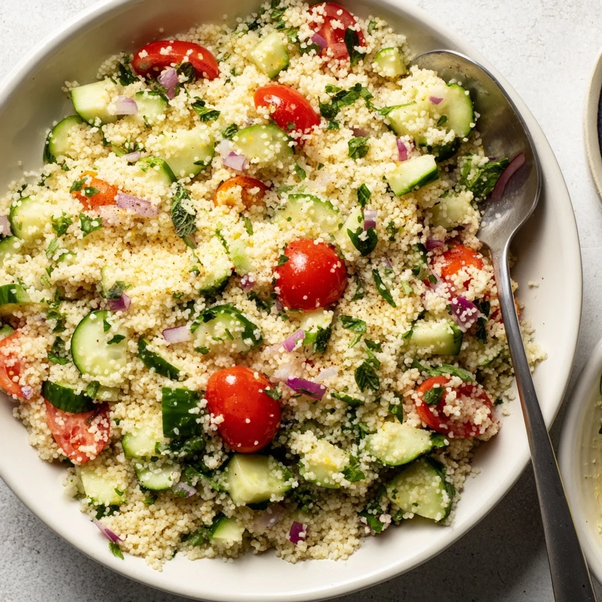 Picnic-ready Cucumber Lemon Couscous Salad served in bowl, tangy, herb-fresh simplicity