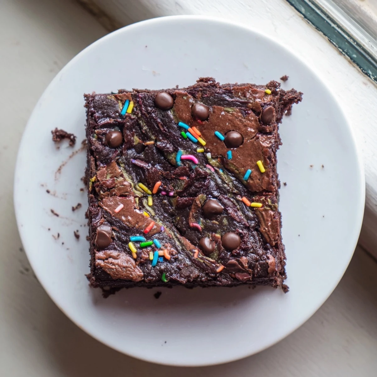 Warm Sourdough Cosmic Chocolate Brownies cooling on parchment, studded with mini chips