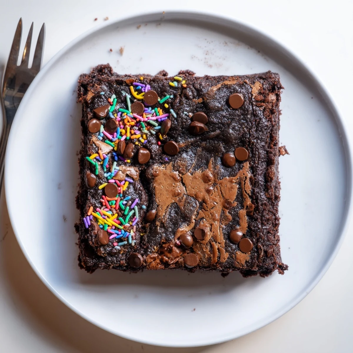 Sourdough Cosmic Chocolate Brownies with glossy fudgy centers and rainbow sprinkle topping