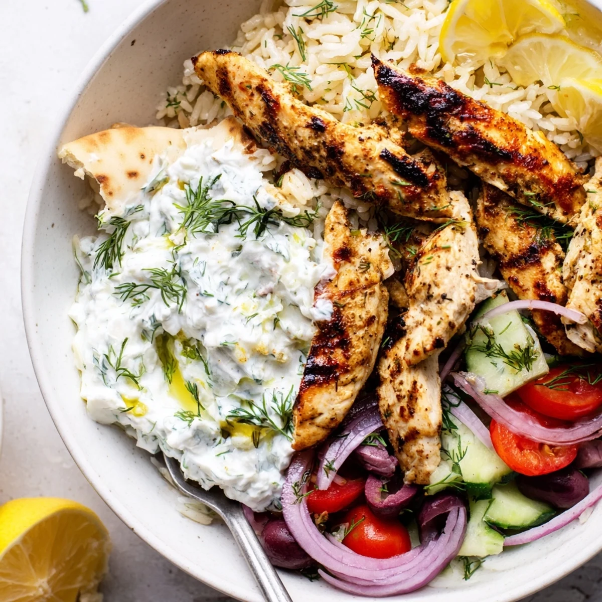 Colorful Greek Chicken Bowls served over herbed rice, feta crumbles, and olives