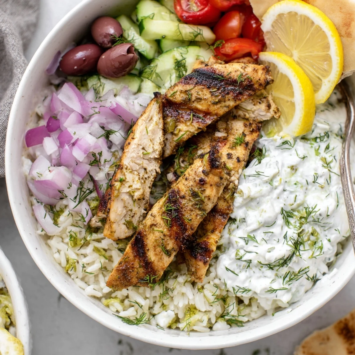 Greek Chicken Bowls with grilled strips, tangy tzatziki, crunchy cucumber, and lemon