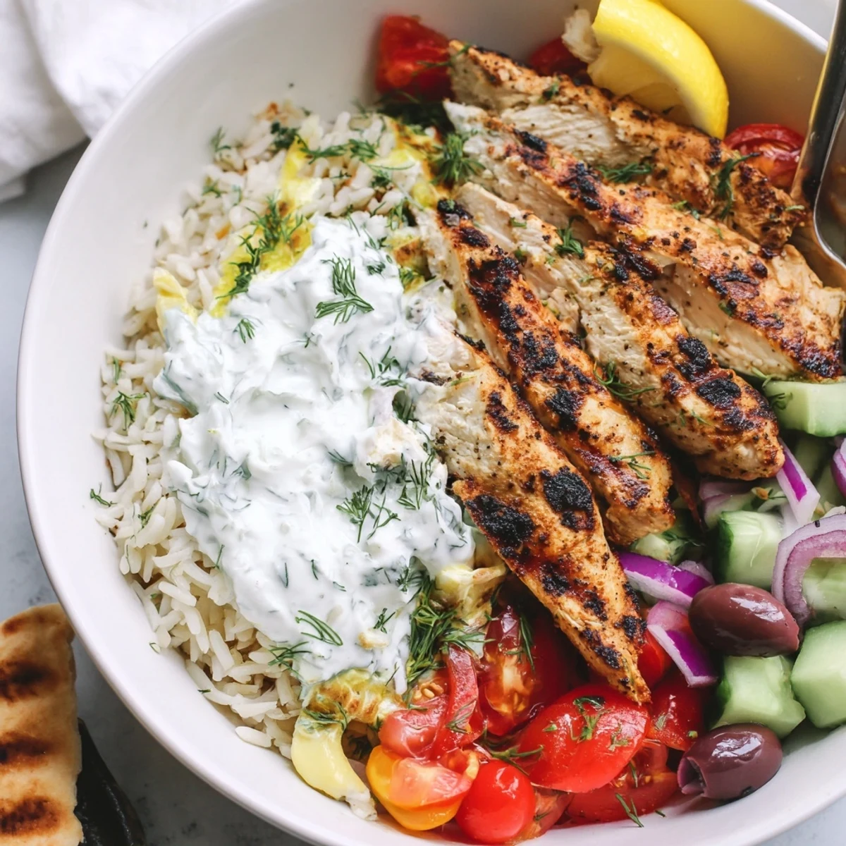Warm Greek Chicken Bowls showcasing juicy marinated strips, bright tomatoes, and pita