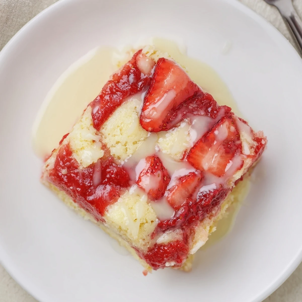 Slice of Strawberry Cheesecake Dump Cake served warm with vanilla ice cream.