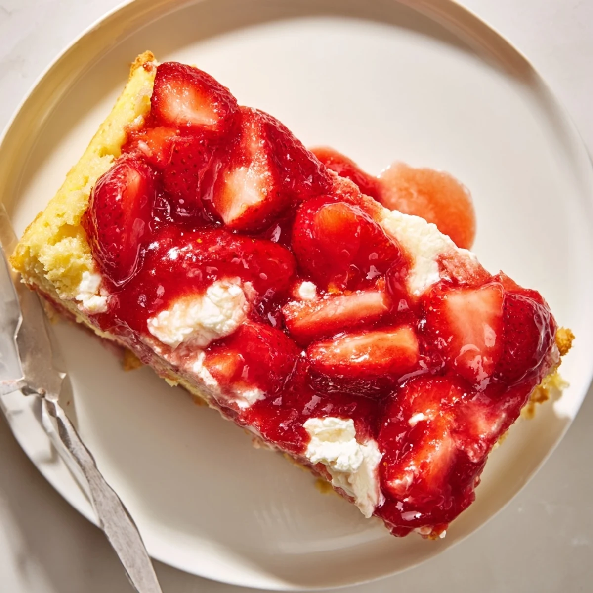 Warm Strawberry Cheesecake Dump Cake bubbling with glossy strawberries, golden crust.