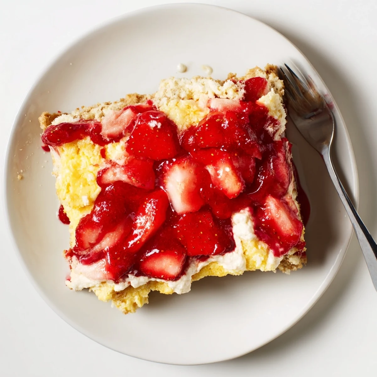 Homestyle Strawberry Cheesecake Dump Cake creamy cheesecake pockets, buttery cake topping.