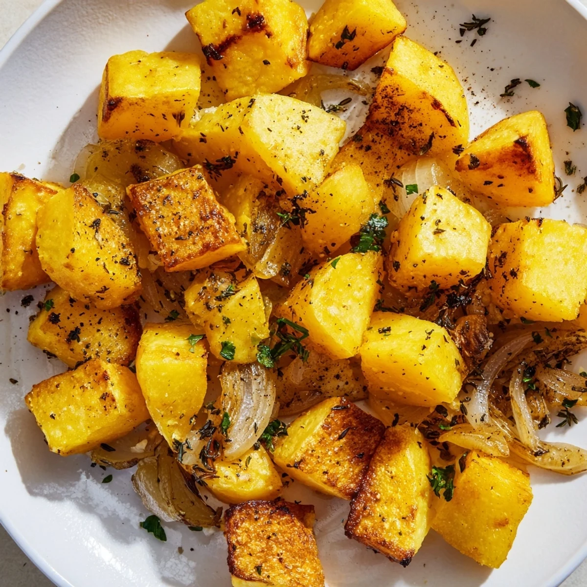 Golden roasted potatoes and onions seasoned with herbs on a white serving plate