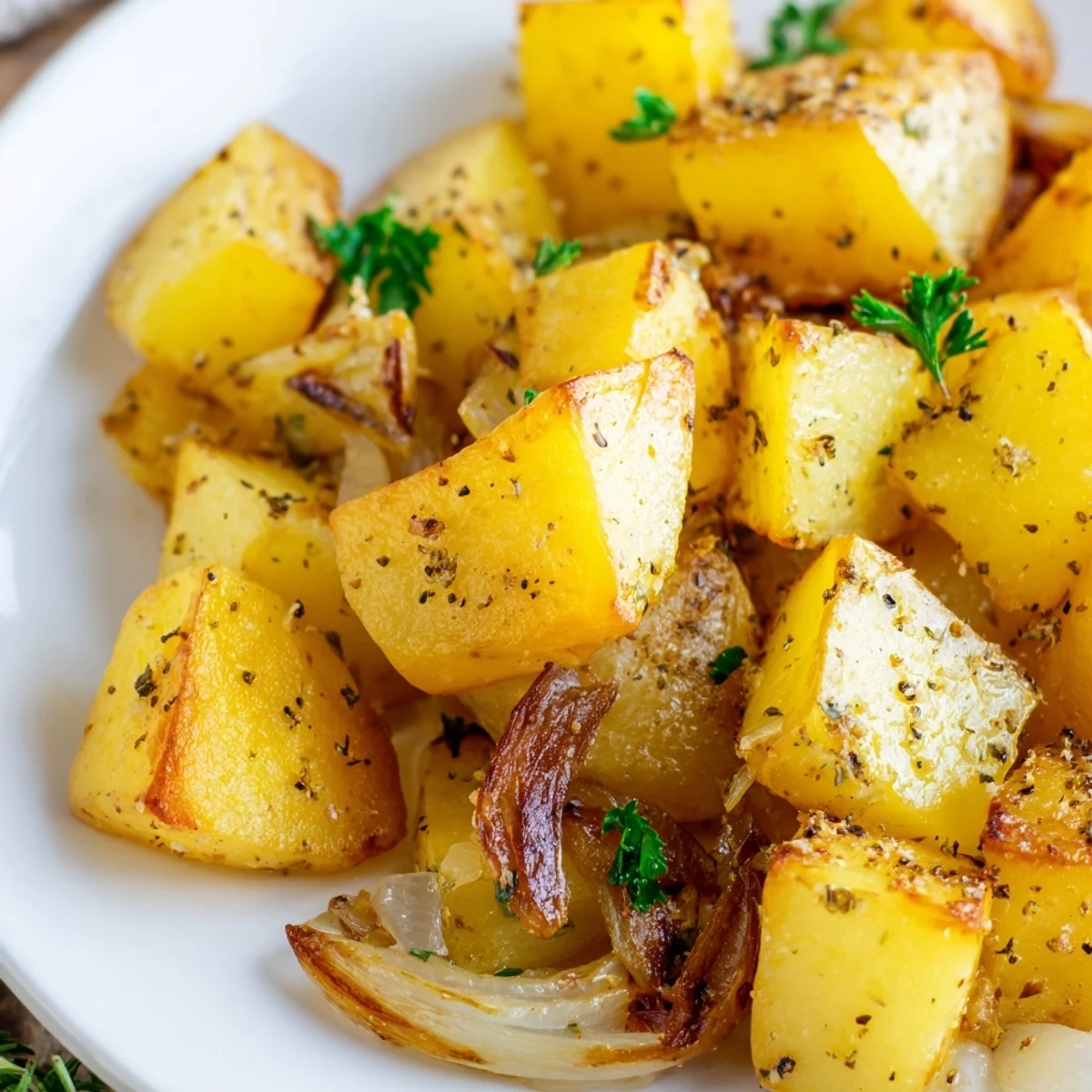 Crispy caramelized roasted potatoes and onions scattered on a rustic wooden cutting board