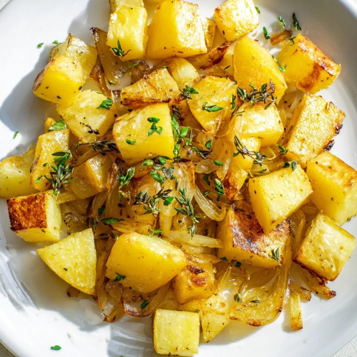 Roasted potatoes and onions tossed with fresh parsley in a white ceramic bowl