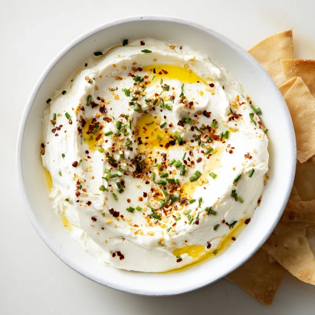 Creamy whipped feta topped with golden hot honey drizzle served on white platter