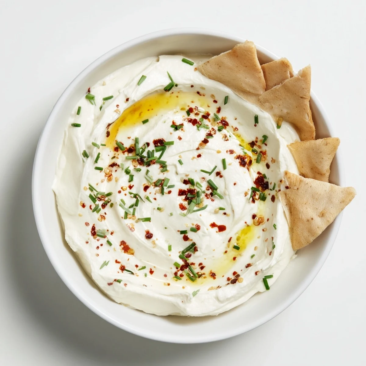 Smooth Mediterranean feta dip with spicy honey garnish and crusty bread for dipping