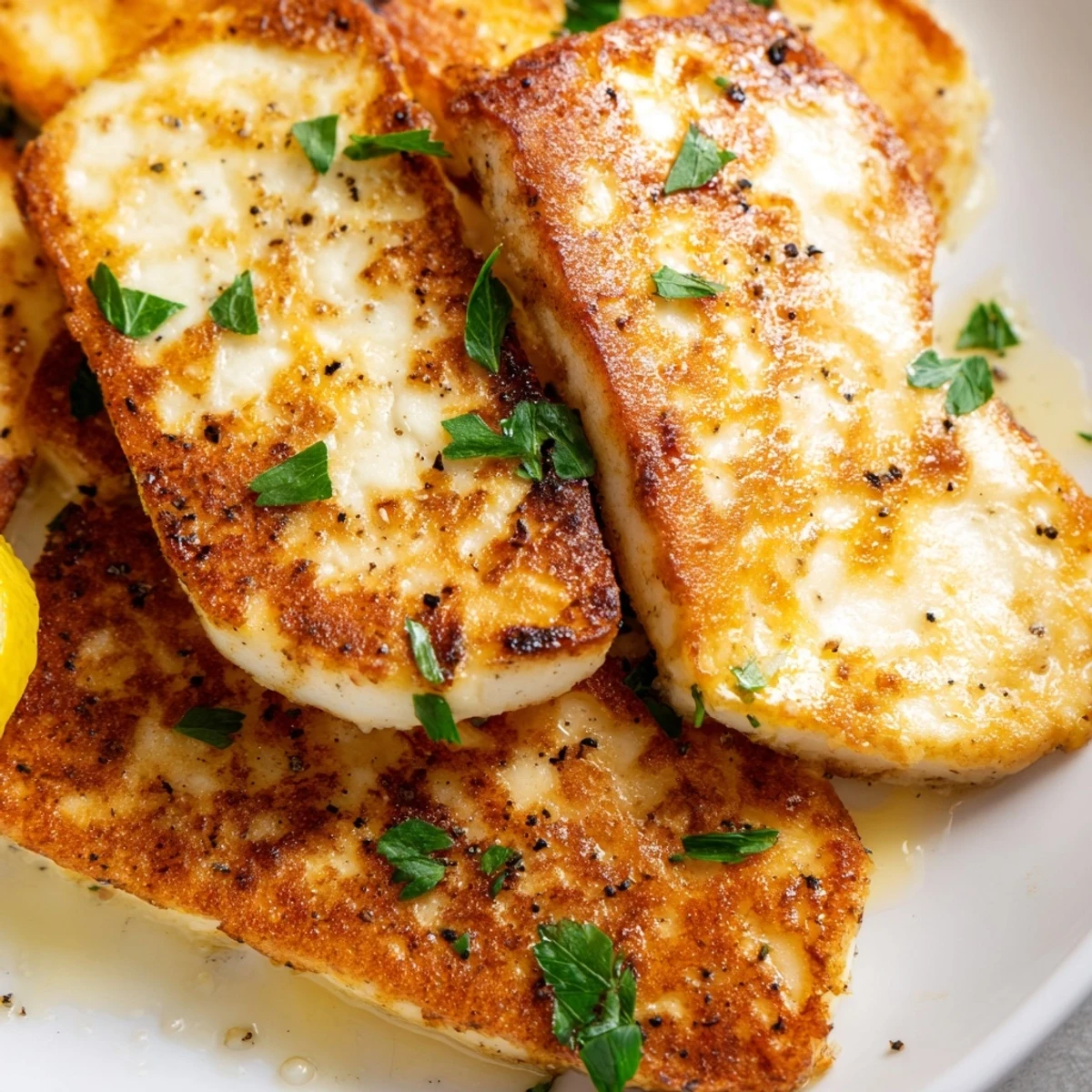 Golden pan fried halloumi cheese slices with fresh lemon wedges and chopped parsley garnish on a white serving plate