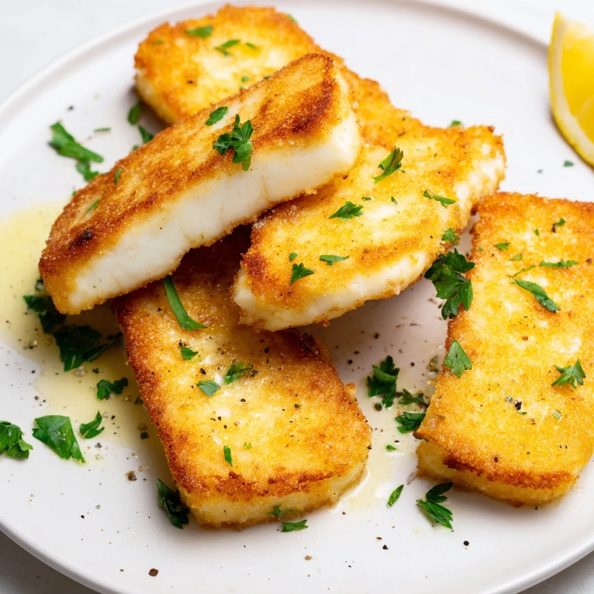 Savory pan fried halloumi appetizer sprinkled with black pepper and served with bright lemon wedges