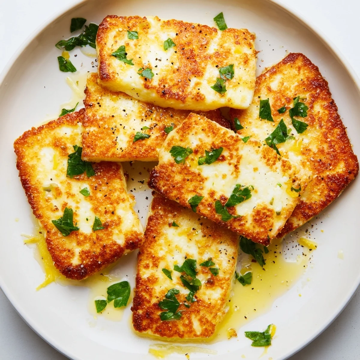 Crispy Mediterranean halloumi cheese sizzling in a skillet with olive oil and herb topping