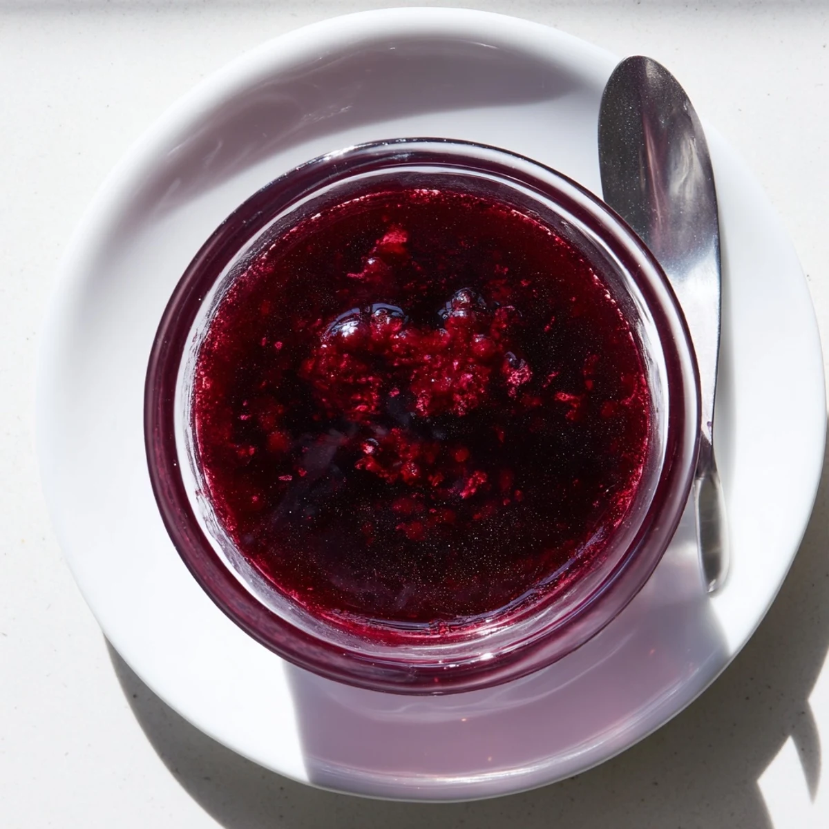 Glass jar of ruby red cranberry syrup drizzling over fluffy stack of pancakes