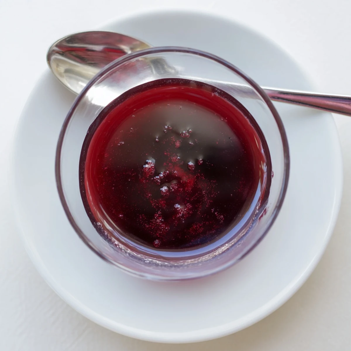 Tangy homemade cranberry syrup in clear mason jar with wooden spoon on white countertop